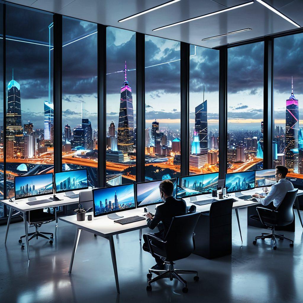 A dynamic and modern office space with creative professionals collaborating on laptops, tablets, and large screens displaying vibrant websites and digital designs. The backdrop shows a futuristic cityscape through large glass windows, symbolizing an elevated online presence. super-realistic. vibrant colors. white background.
