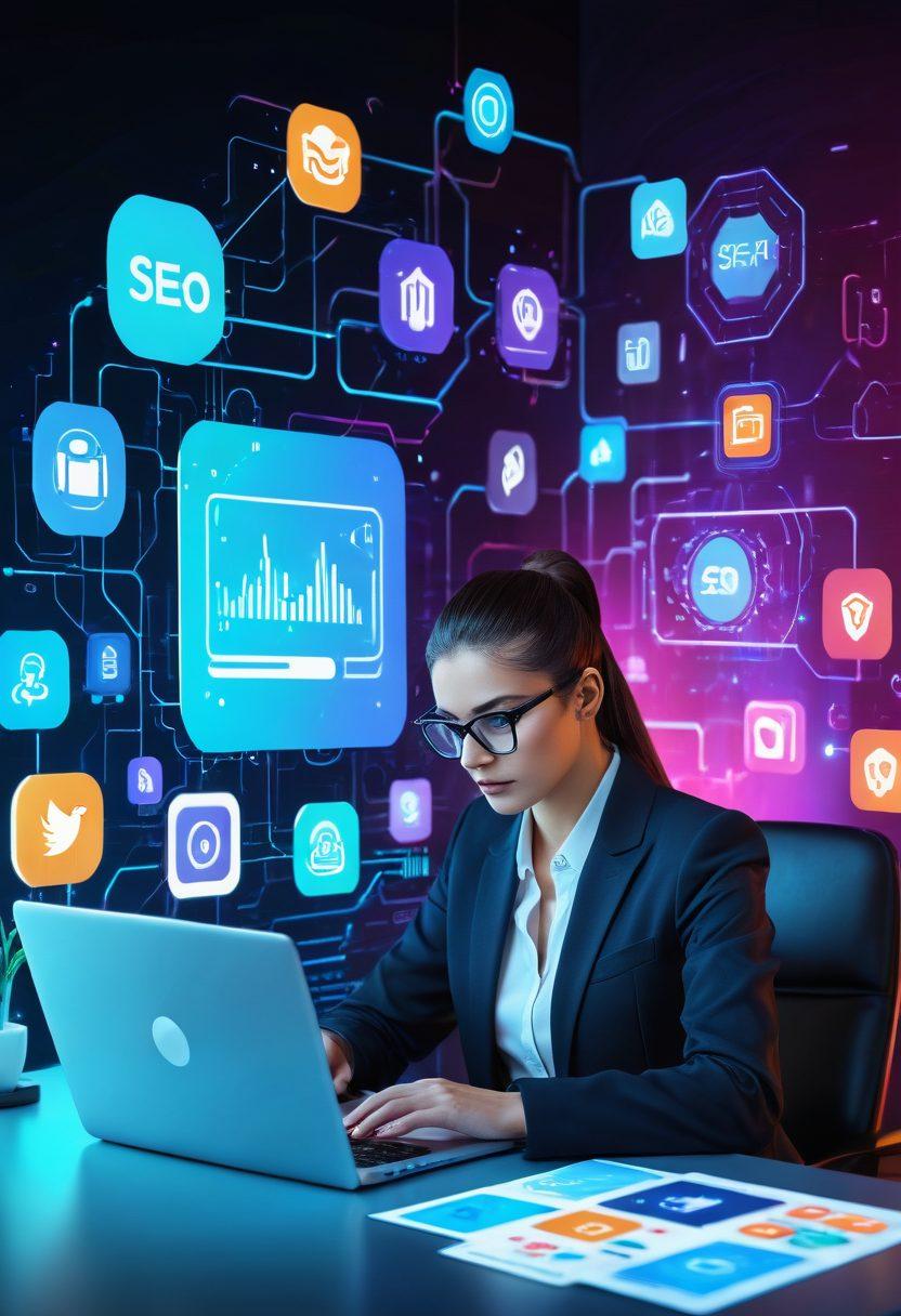 A dynamic and modern digital landscape with a laptop and smartphone displaying sleek branding elements, surrounded by vibrant icons representing various digital services like SEO, social media, and analytics; a confident business professional analyzing data on a holographic screen. super-realistic. vibrant colors. futuristic.