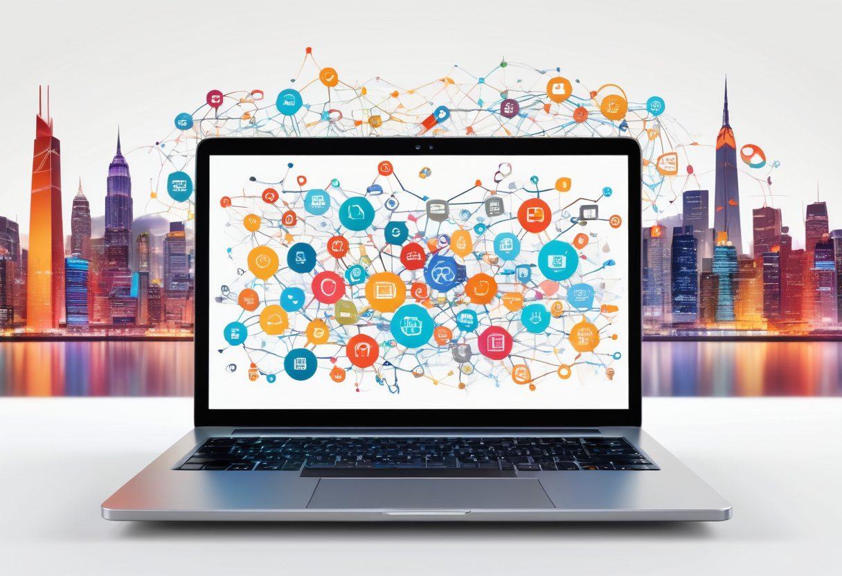 A dynamic depiction of various web service elements interconnected: SEO optimization icons, e-commerce symbols, and web development tools forming a vibrant web of connectivity on a sleek laptop screen. Include a futuristic cityscape in the background to signify endless opportunities. 3D. vibrant colors. white background.